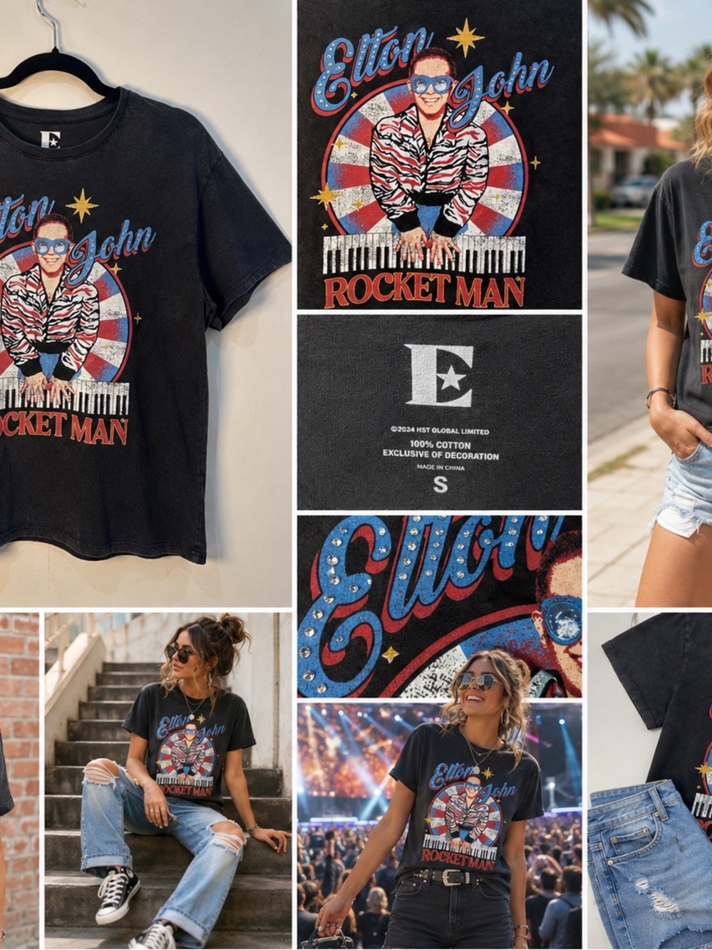 Elton John Rocket Man T-Shirt Small Black Music Band Retro Concert Festival Tee